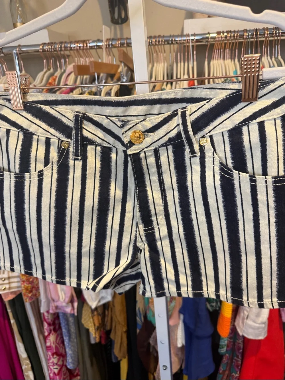Tory Burch Navy and Cream Striped Tie-Waist Shorts